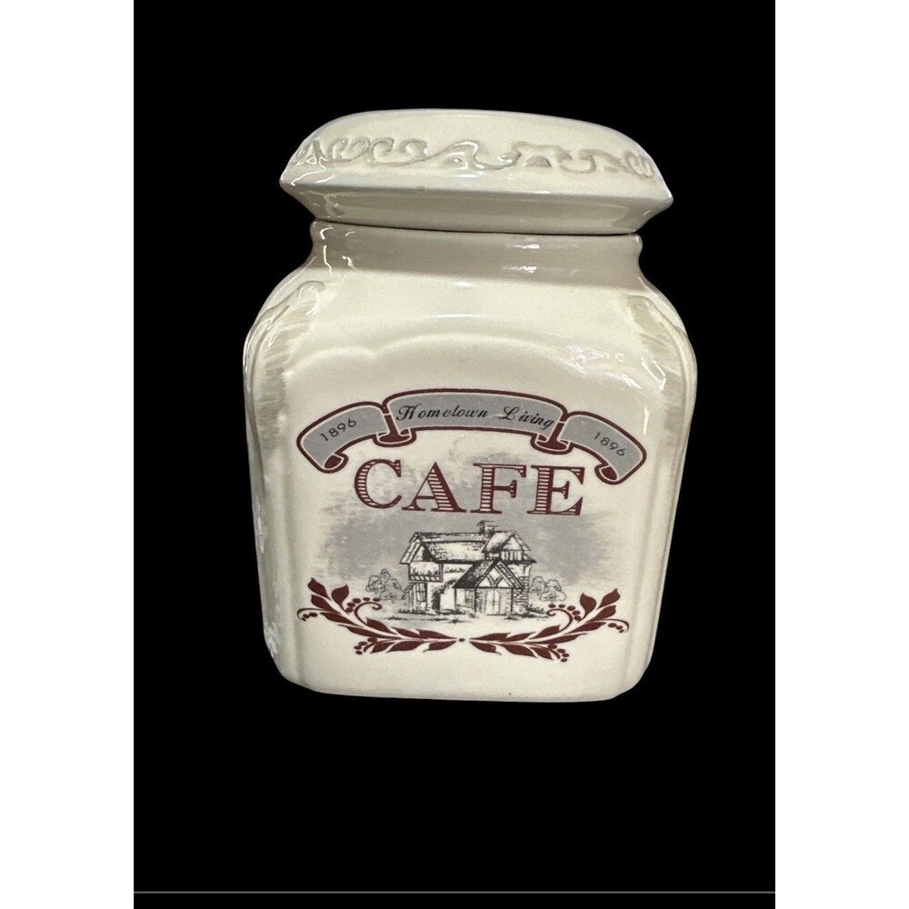 Ceramic Coffee Canister Jar w/ Lid "CAFE" Pictorial, White/Burgundy Square 8 oz